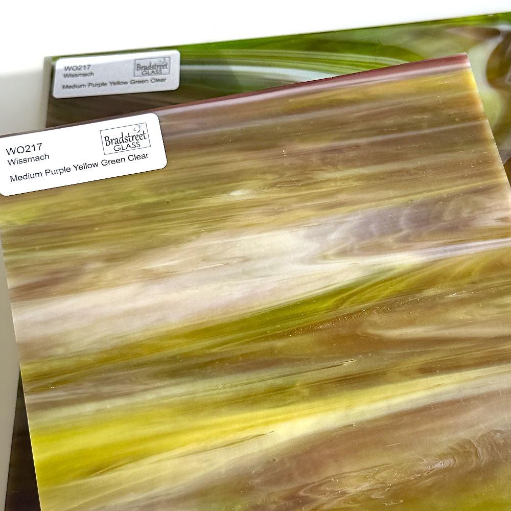 Wissmach WO217 Stained Glass Sheet.
Medium Purple Yellow Green Clear Wispy Opal art glass for stained glass and mosaics at Bradstreet Glass.