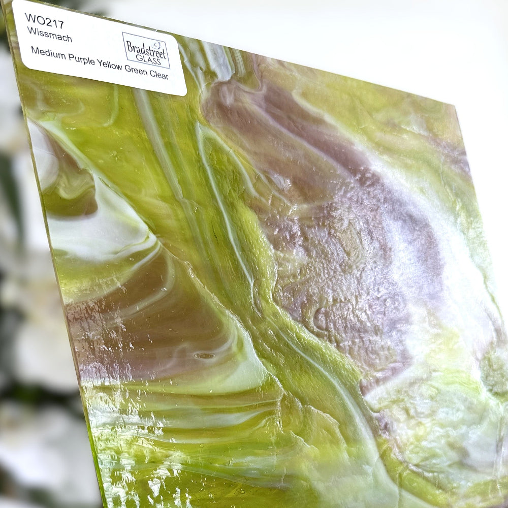 Wissmach WO217 Stained Glass Sheet.
Medium Purple Yellow Green Clear Wispy Opal art glass for stained glass and mosaics at Bradstreet Glass.