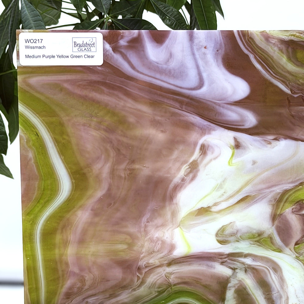 Wissmach WO217 Stained Glass Sheet.
Medium Purple Yellow Green Clear Wispy Opal art glass for stained glass and mosaics at Bradstreet Glass.