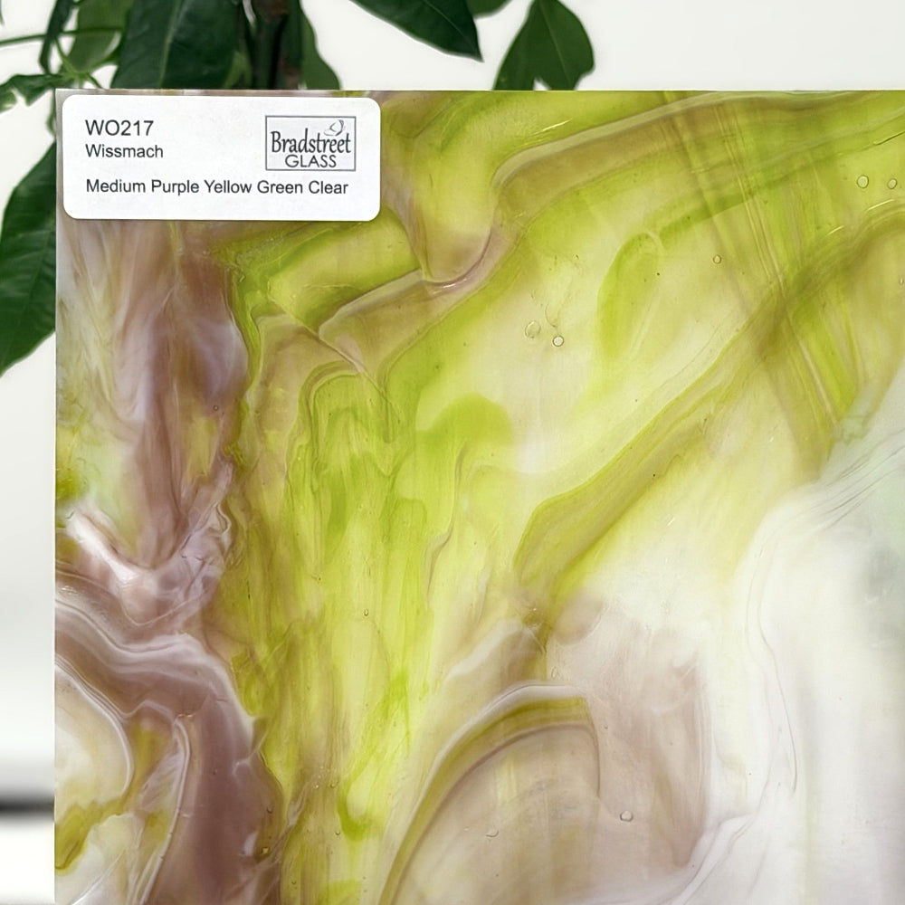 Wissmach WO217 Stained Glass Sheet.
Medium Purple Yellow Green Clear Wispy Opal art glass for stained glass and mosaics at Bradstreet Glass.
