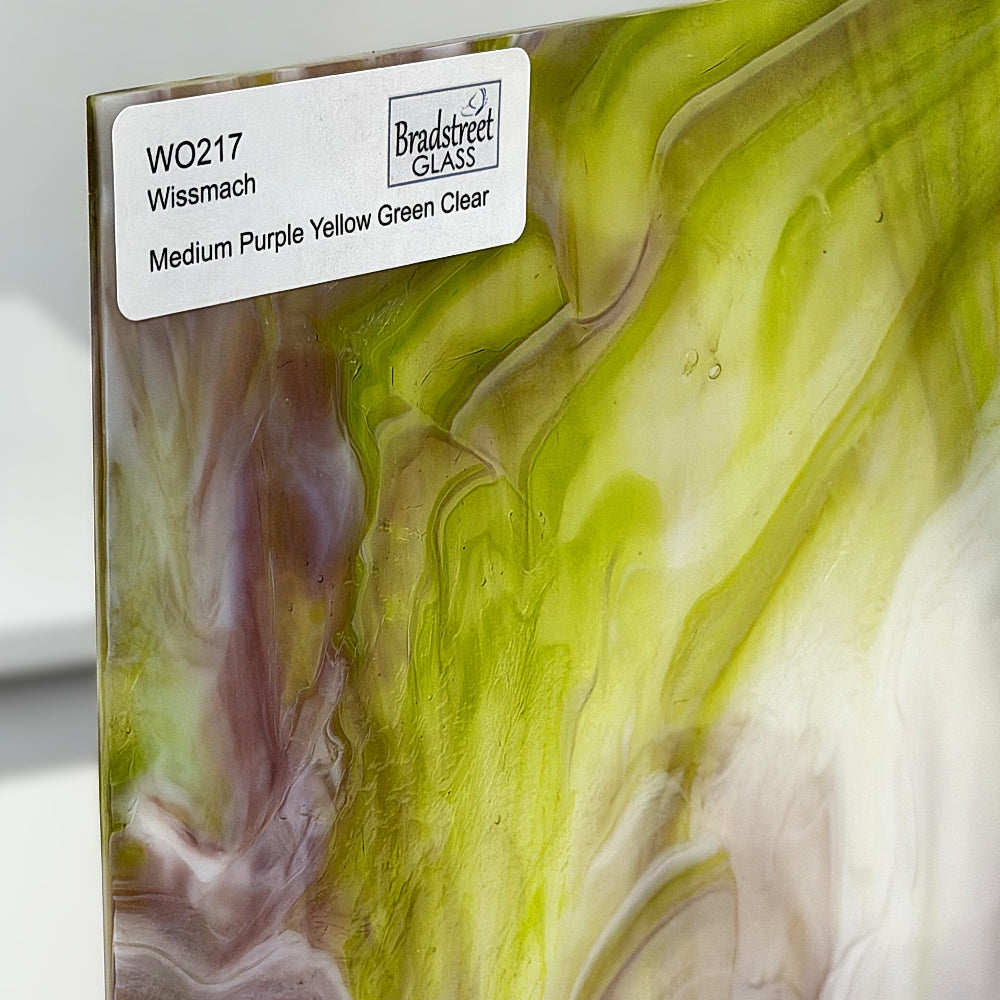 Wissmach WO217 Stained Glass Sheet.
Medium Purple Yellow Green Clear Wispy Opal art glass for stained glass and mosaics at Bradstreet Glass.
