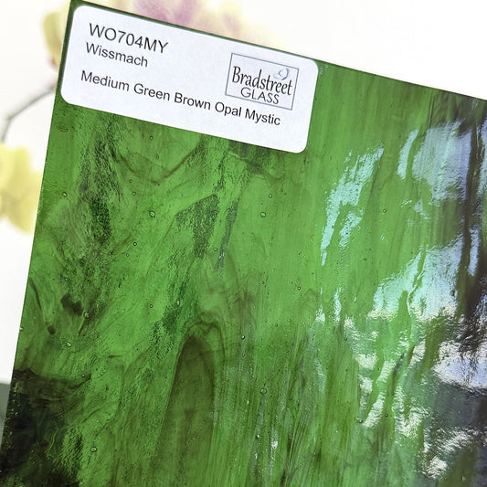 Wissmach WO704MY Stained Glass Sheet. Medium Green Brown Opal Mystic art glass for stained glass and glass mosaics at Bradstreet Glass.