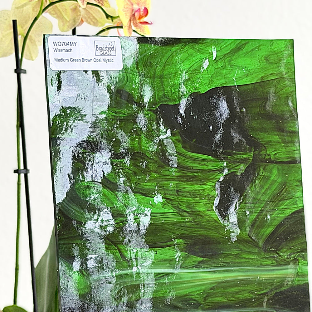 Wissmach WO704MY Stained Glass Sheet. Medium Green Brown Opal Mystic art glass for stained glass and glass mosaics at Bradstreet Glass.