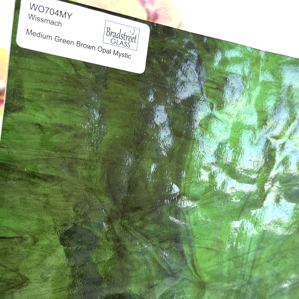 Wissmach WO704MY Stained Glass Sheet. Medium Green Brown Opal Mystic art glass for stained glass and glass mosaics at Bradstreet Glass.