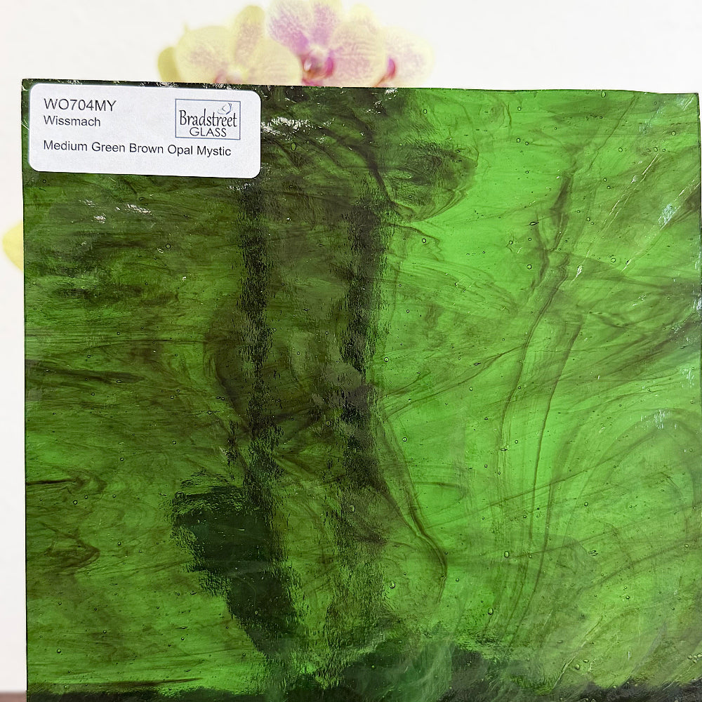 Wissmach WO704MY Stained Glass Sheet. Medium Green Brown Opal Mystic art glass for stained glass and glass mosaics at Bradstreet Glass.