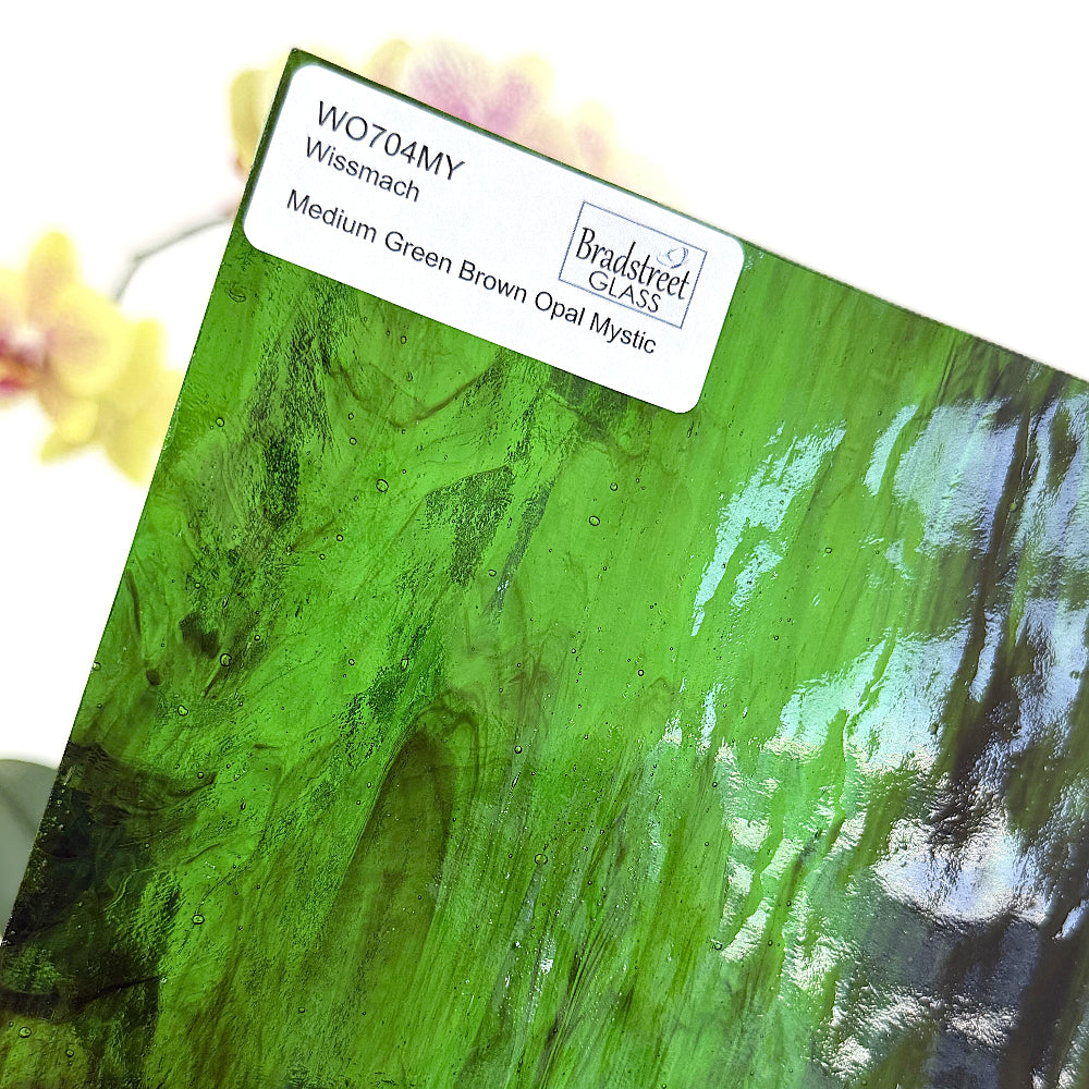 Wissmach WO704MY Stained Glass Sheet. Medium Green Brown Opal Mystic art glass for stained glass and glass mosaics at Bradstreet Glass.