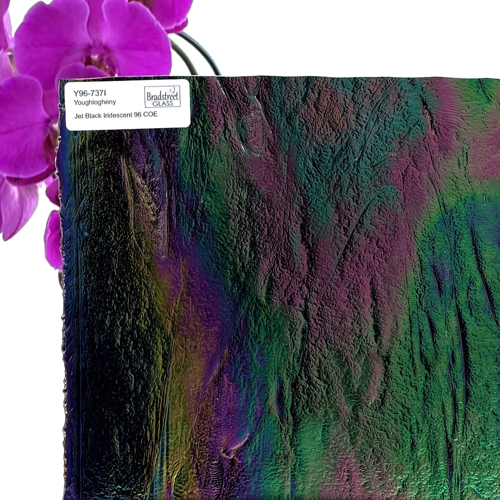 Jet Black Iridescent Fusible Youghiogheny 96-737IR.  96 COE
Black Opaque Iridescent Stained Glass Sheet for stained glass, mosaics and fusing at Bradstreet Glass.