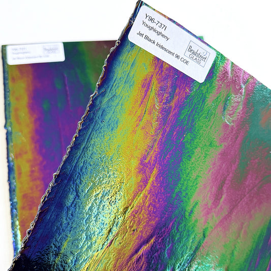 Jet Black Iridescent Fusible Youghiogheny 96-737IR.  96 COE
Black Opaque Iridescent Stained Glass Sheet for stained glass, mosaics and fusing at Bradstreet Glass.