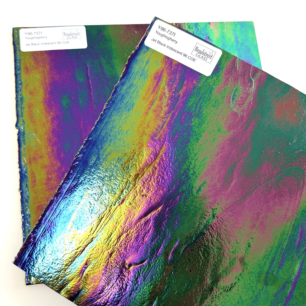 Jet Black Iridescent Fusible Youghiogheny 96-737IR.  96 COE
Black Opaque Iridescent Stained Glass Sheet for stained glass, mosaics and fusing at Bradstreet Glass.