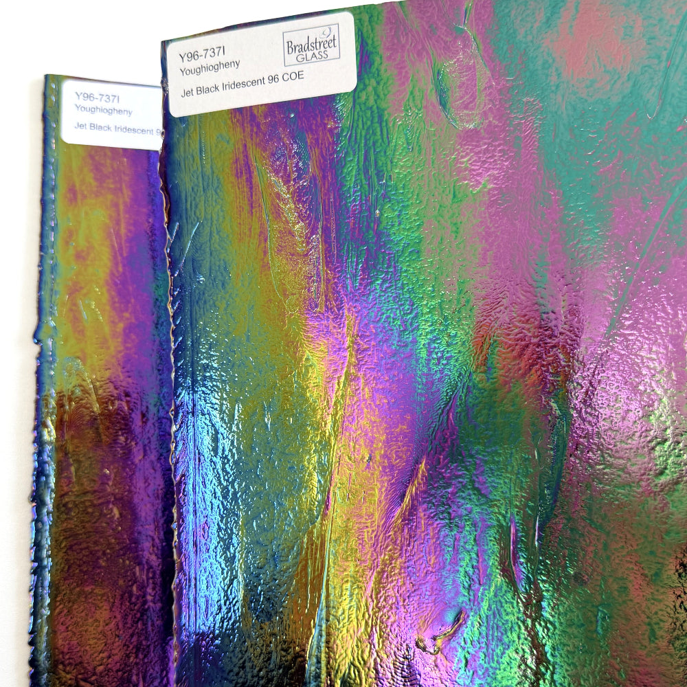 Jet Black Iridescent Fusible Youghiogheny 96-737IR.  96 COE
Black Opaque Iridescent Stained Glass Sheet for stained glass, mosaics and fusing at Bradstreet Glass.