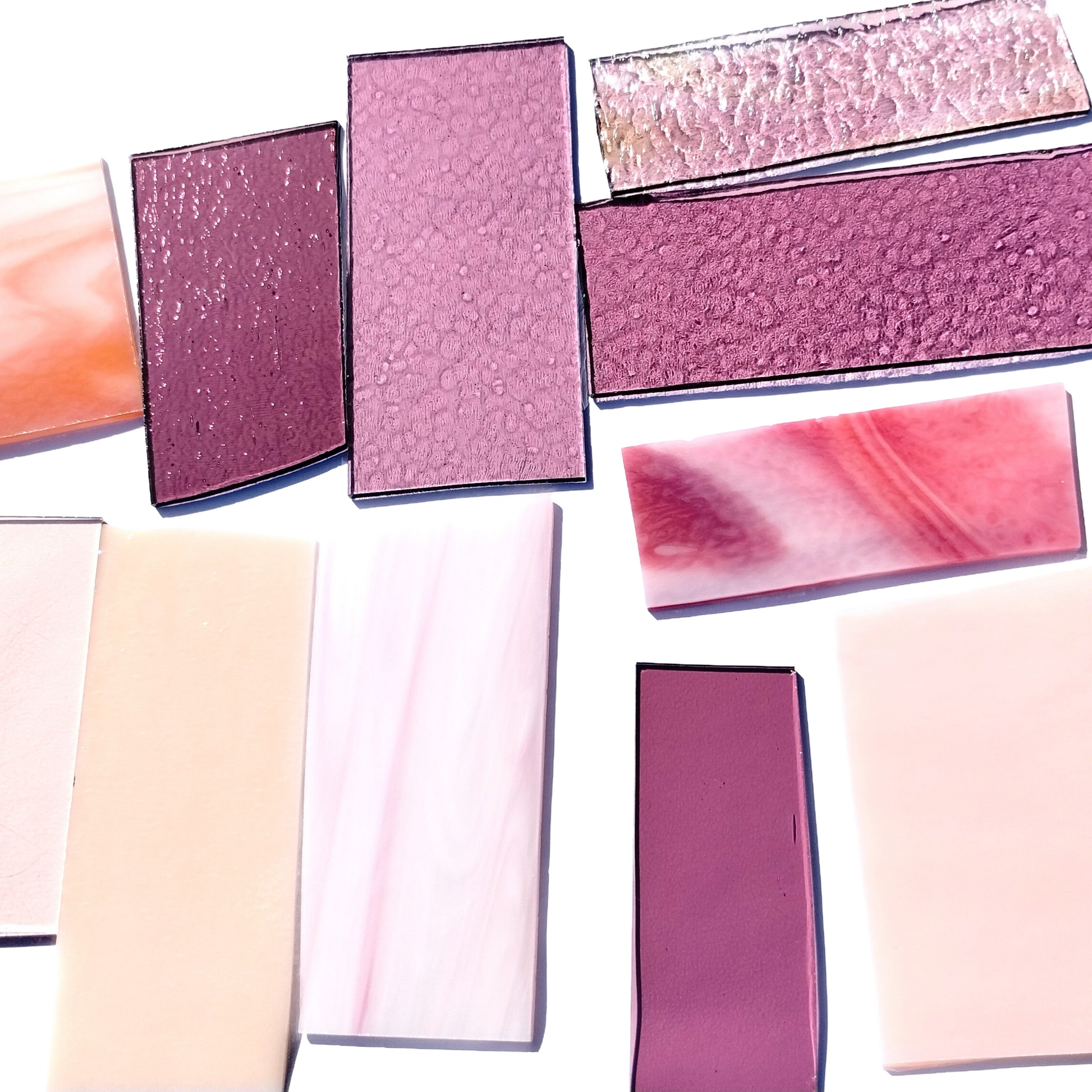Bradstreet Glass Pink Stained Glass Scraps, Curated 1 lb Package of Reclaimed Shop Scrap Glass in Shades of Pink