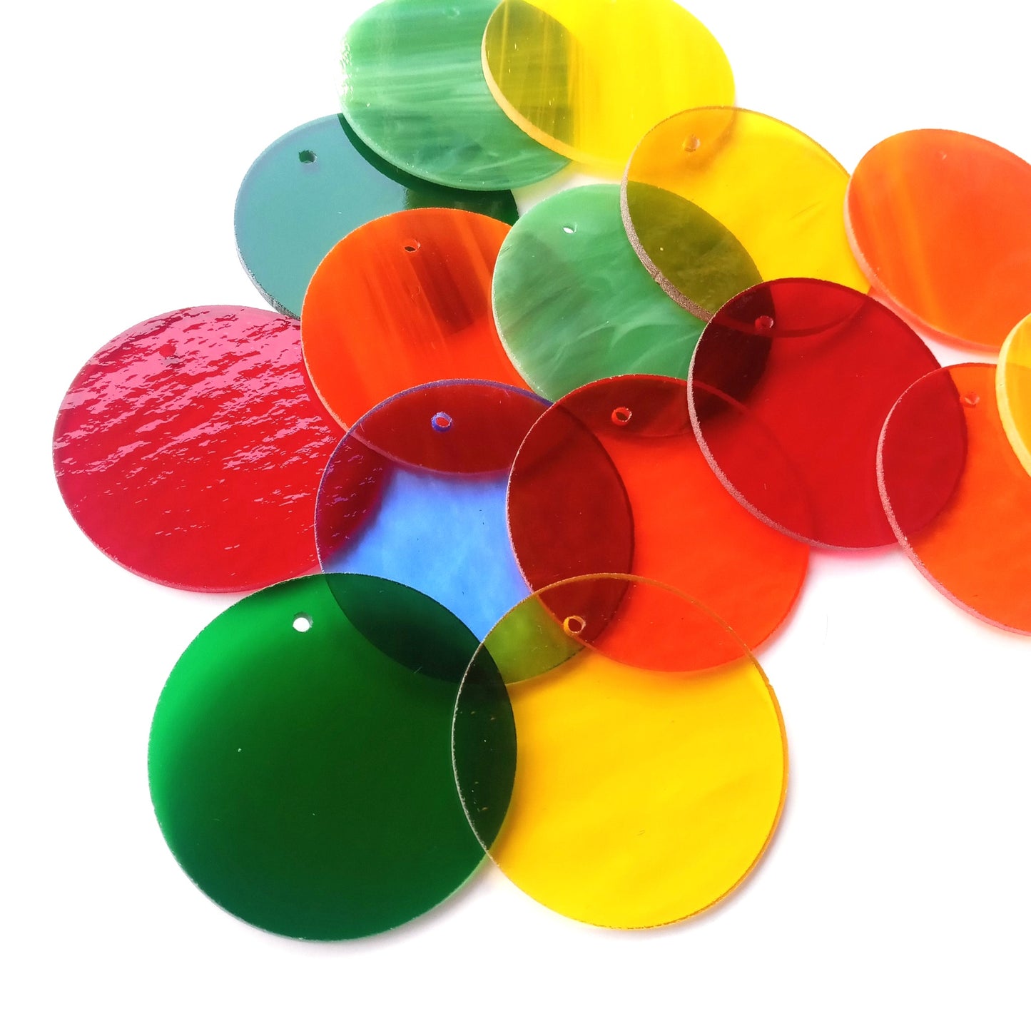 Precut Stained Glass Circles with Holes Drilled for Hanging, 2.5" Glass Circles for Windchimes, Ornaments, Glass Art, Assorted Colors, All Translucent and Wispy Stained Glass