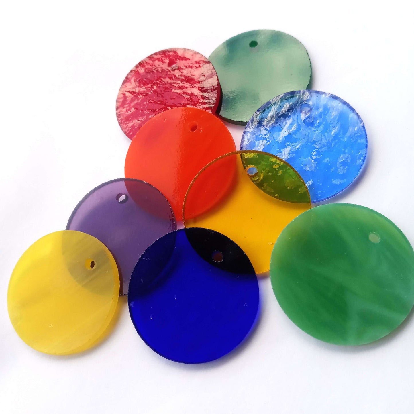 Precut Stained Glass Circles with Holes Drilled for Hanging, 1.5" Glass Circles for Windchimes, Glass Art, Assorted Colors, All Translucent and Wispy Stained Glass