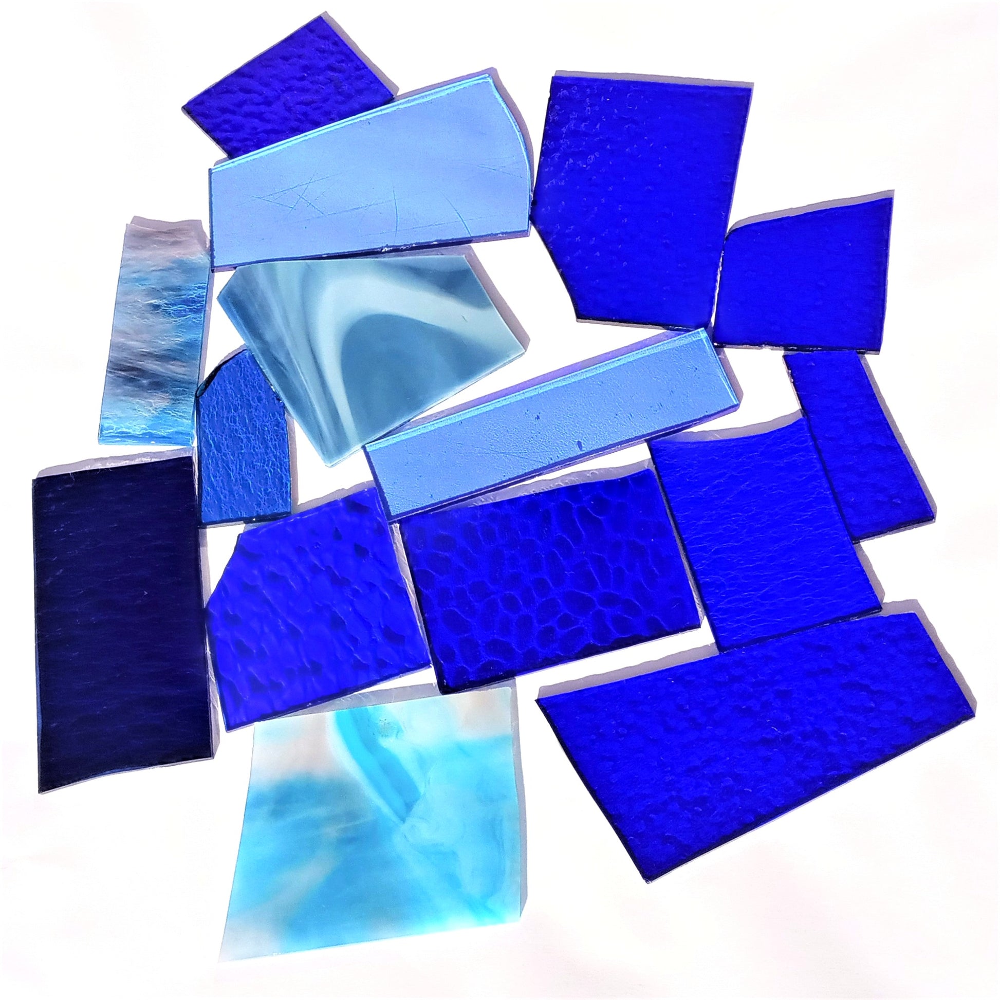 Blue Stained Glass Scraps, Curated 1 lb Package of Reclaimed Shop Scrap Glass in Shades of Blue