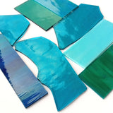 Teal, Aqua Stained Glass Scraps, Curated 1 lb Package of Reclaimed Shop Scrap Glass in Shades of Aqua, Teal