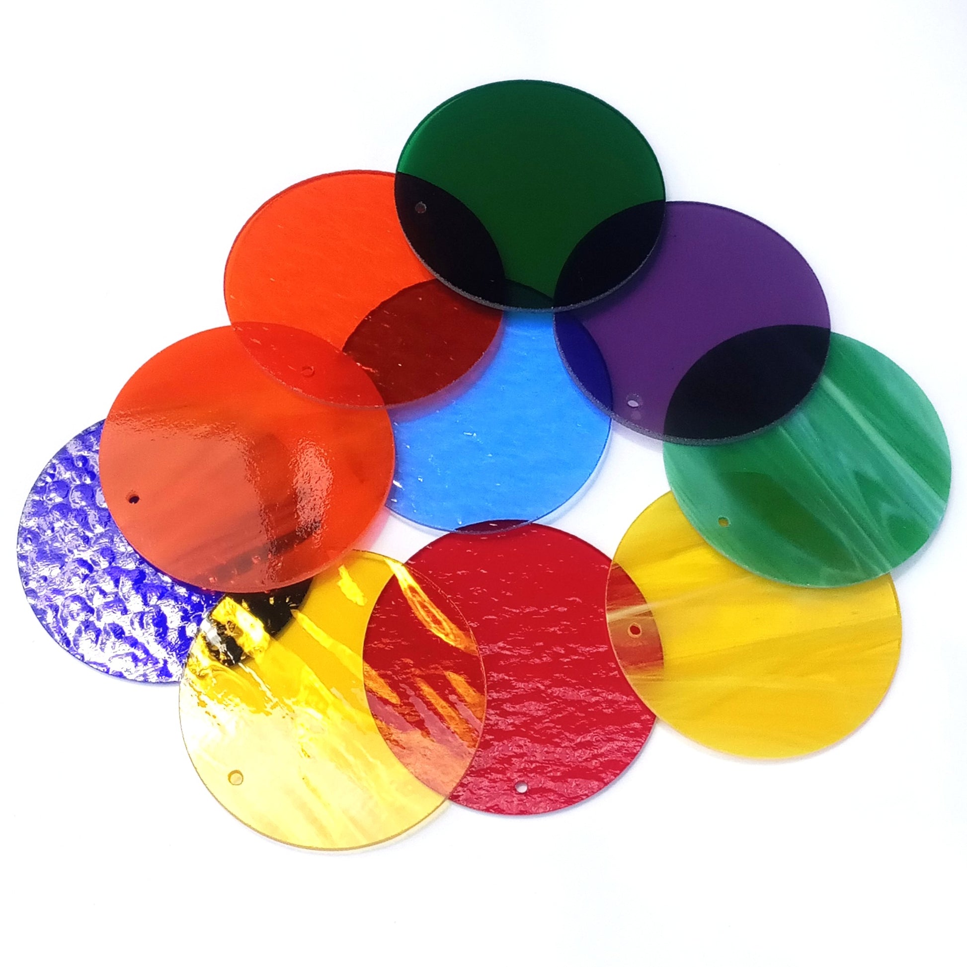 Precut Stained Glass Circles with Holes Drilled for Hanging, 3" Glass Circles for Ornaments, Windchimes, Glass Art, Suncatchers, Assorted Colors, All Translucent and Wispy Stained Glass