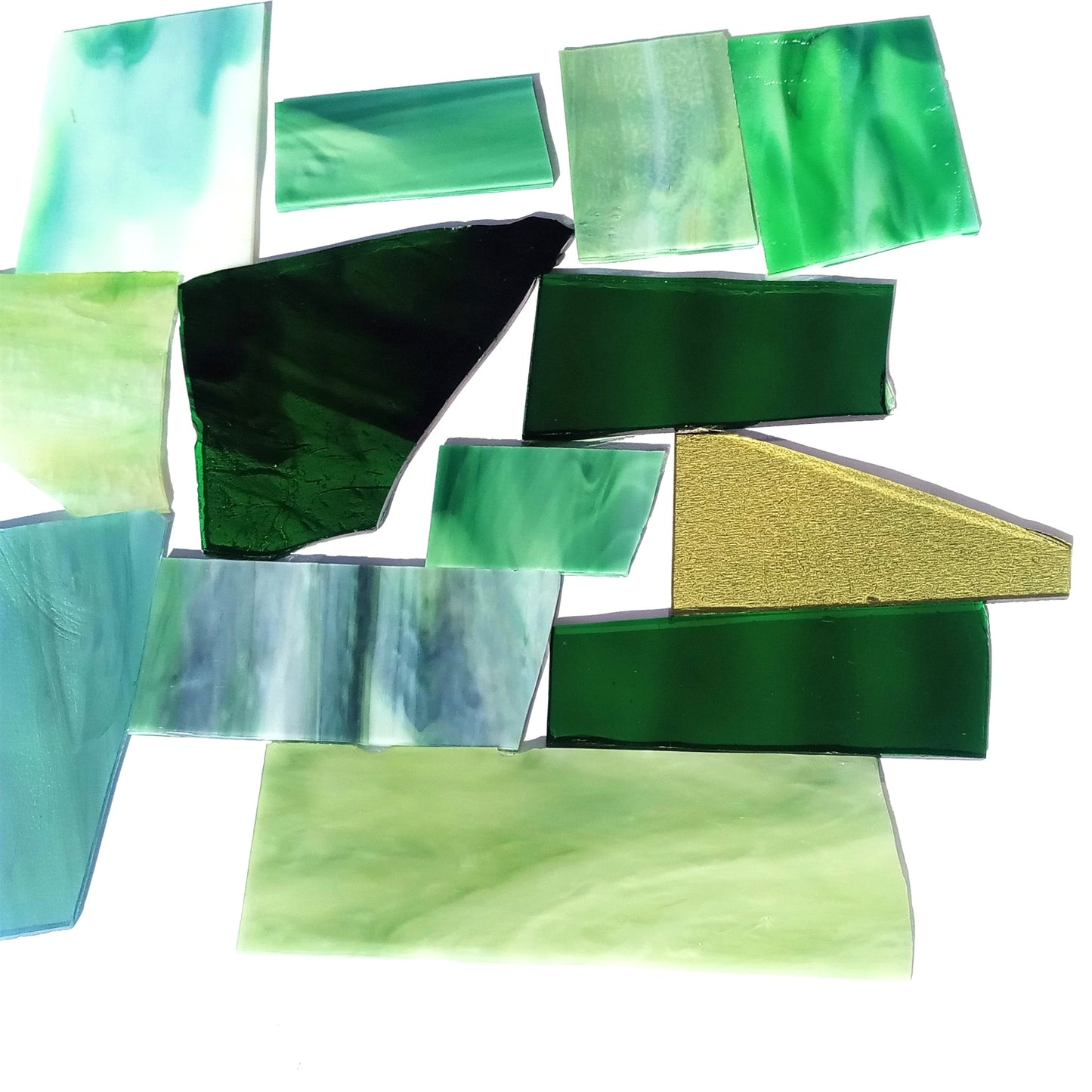 Bradstreet Glass Green Stained Glass Scraps, Curated 1 lb Package of Reclaimed Shop Scrap Glass in Shades of Green