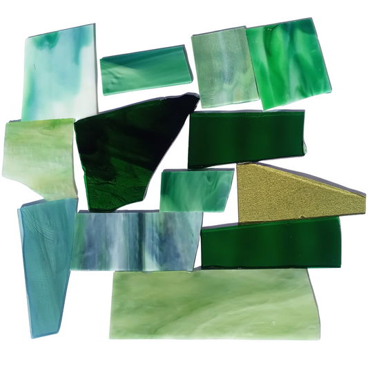 Bradstreet Glass Green Stained Glass Scraps, Curated 1 lb Package of Reclaimed Shop Scrap Glass in Shades of Green
