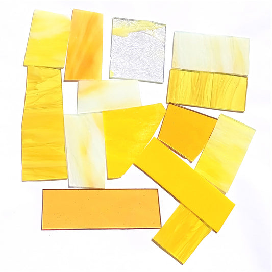 Bradstreet Glass Yellow Stained Glass Scraps, Curated 1 lb Package of Reclaimed Shop Scrap Glass in Shades of Yellow