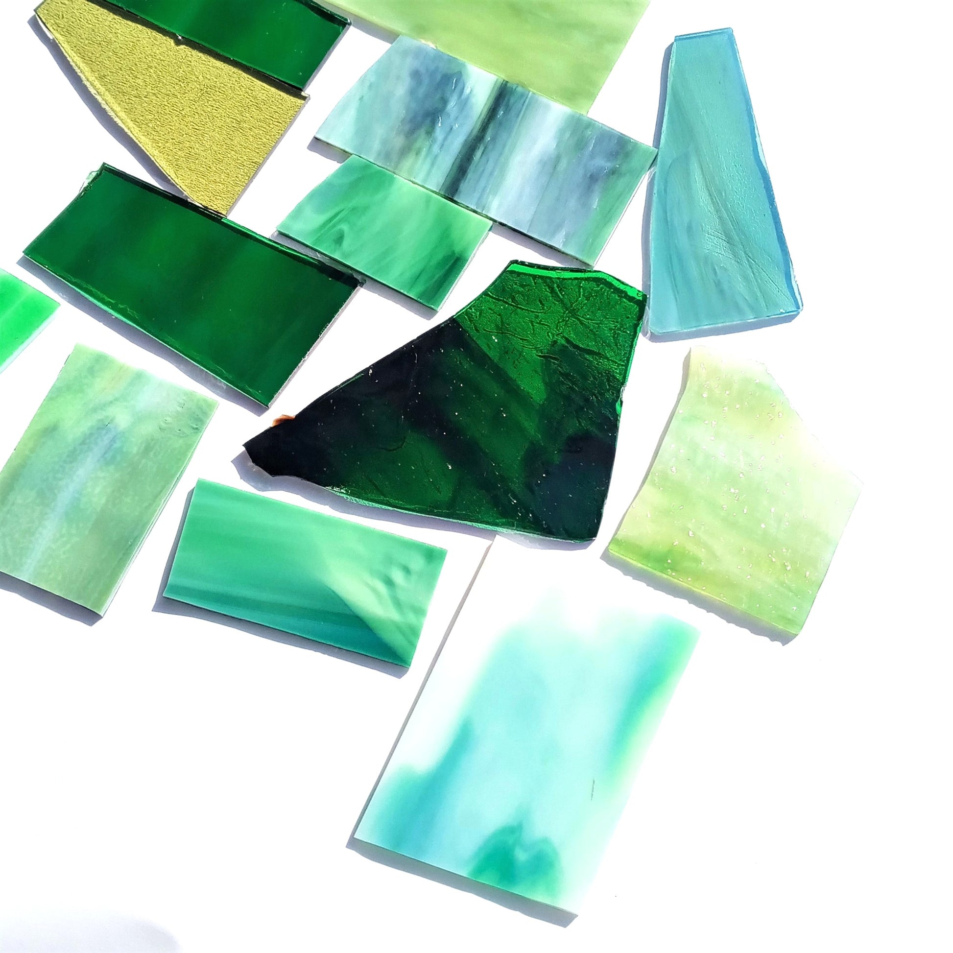Bradstreet Glass Green Stained Glass Scraps, Curated 1 lb Package of Reclaimed Shop Scrap Glass in Shades of Green