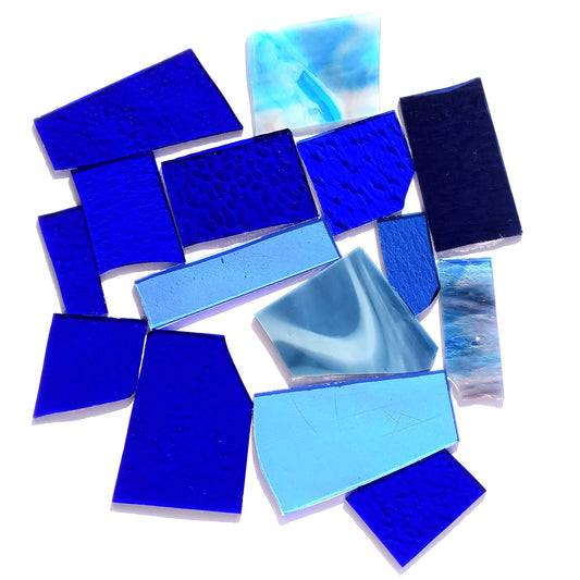 Bradstreet Glass Blue Stained Glass Scraps, Curated 1 lb Package of Reclaimed Shop Scrap Glass in Shades of Blue