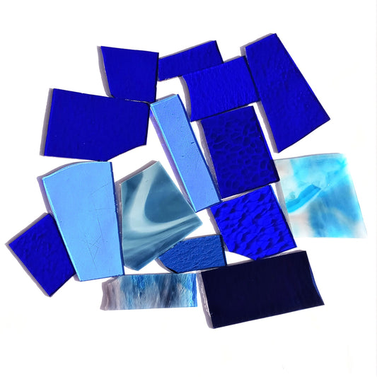 Bradstreet Glass Blue Stained Glass Scraps, Curated 1 lb Package of Reclaimed Shop Scrap Glass in Shades of Blue