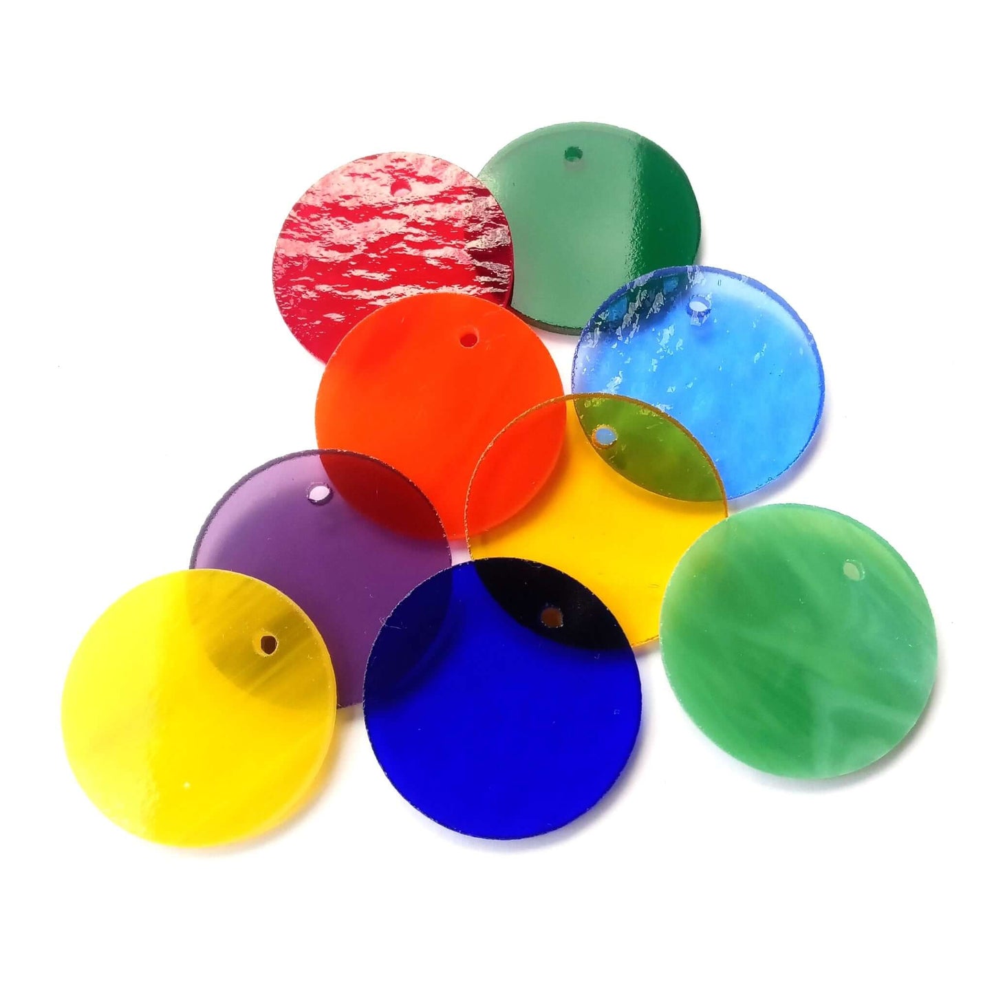 Precut Stained Glass Circles with Holes Drilled for Hanging, 1.5" Glass Circles for Windchimes, Glass Art, Assorted Colors, All Translucent and Wispy Stained Glass