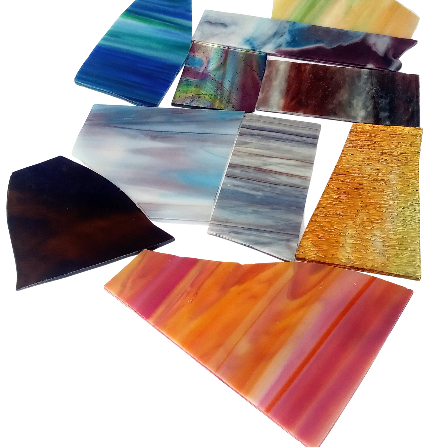Bradstreet Glass Assorted Multi-Colored Streaky, Swirled Stained Glass Scraps, Curated 1 lb Package of Reclaimed Shop Scrap Glass