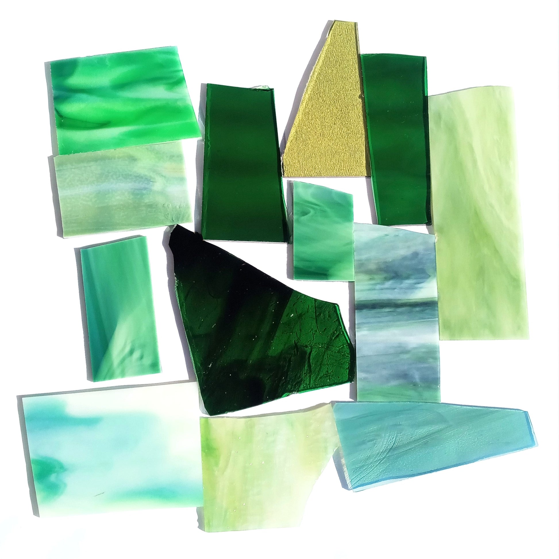 Bradstreet Glass Green Stained Glass Scraps, Curated 1 lb Package of Reclaimed Shop Scrap Glass in Shades of Green