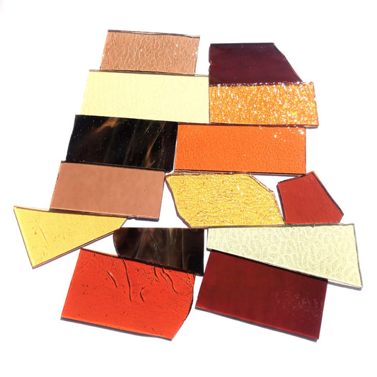Bradstreet Glass Brown Amber Stained Glass Scraps, Curated 1 lb Package of Reclaimed Shop Scrap Glass in Shades of Brown, Amber