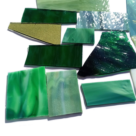 Bradstreet Glass Green Stained Glass Scraps, Curated 1 lb Package of Reclaimed Shop Scrap Glass in Shades of Green