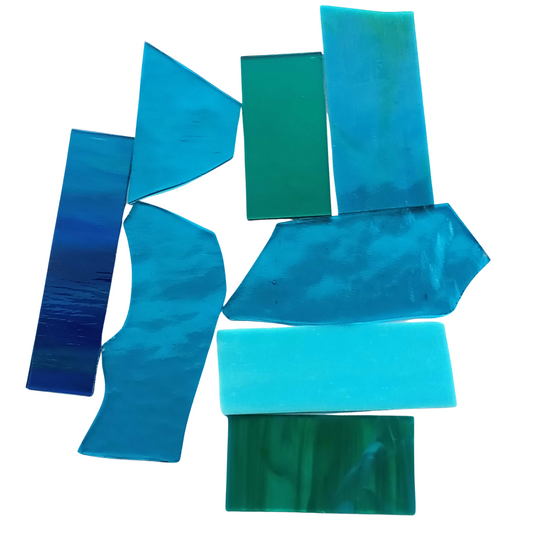 Bradstreet Glass Teal, Aqua Stained Glass Scraps, Curated 1 lb Package of Reclaimed Shop Scrap Glass in Shades of Aqua, Teal
