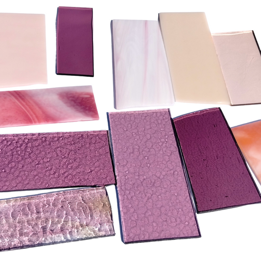 Bradstreet Glass Pink Stained Glass Scraps, Curated 1 lb Package of Reclaimed Shop Scrap Glass in Shades of Pink