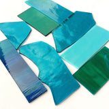 Teal, Aqua Stained Glass Scraps, Curated 1 lb Package of Reclaimed Shop Scrap Glass in Shades of Aqua, Teal