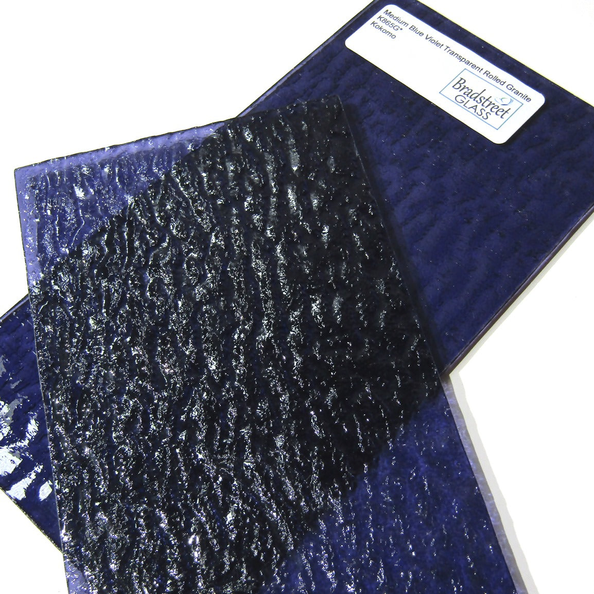 Kokomo 865G Medium Blue Violet Transparent Rolled Granite Stained Glass Sample Size