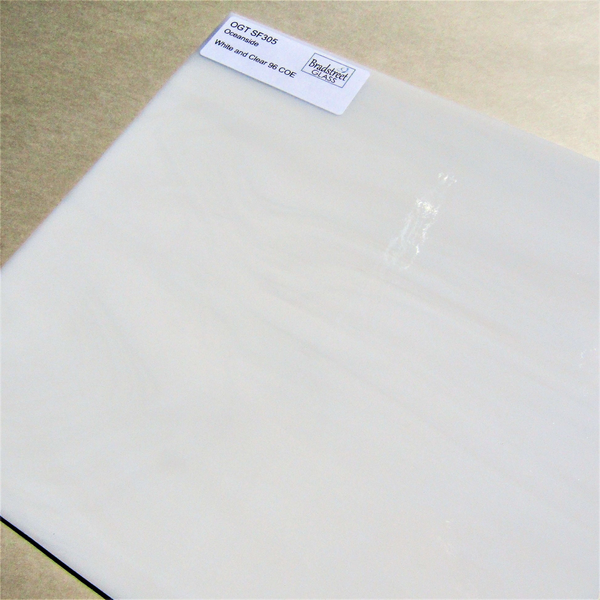 Bradstreet Glass White Opal and Clear Wispy Stained Glass Sheet 96 COE Oceanside Fusible SF305