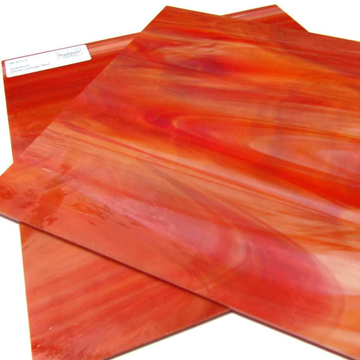 Oceanside SF675.5 Stained Glass Sheet, White, Orange, and Red Streaky Swirled Opaque
