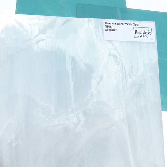 Spectrum Clear and Feather White Opal S308 stained glass sheet 