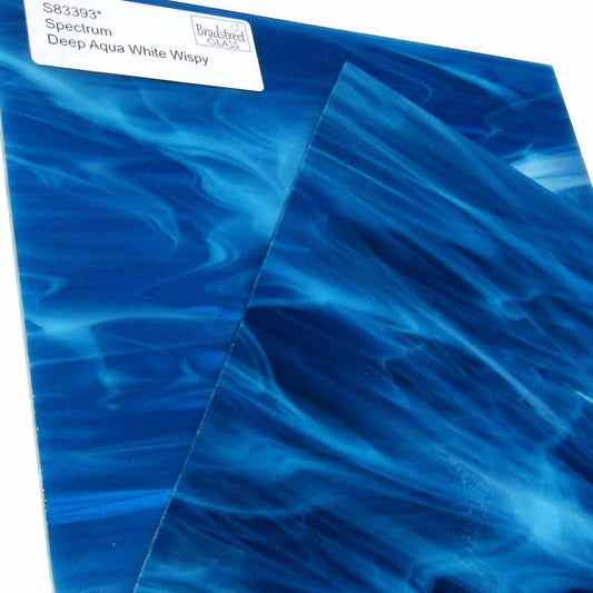 Bradstreet Glass Deep Aqua White Wispy Stained Glass Sheet 96 COE Oceanside SF833.93