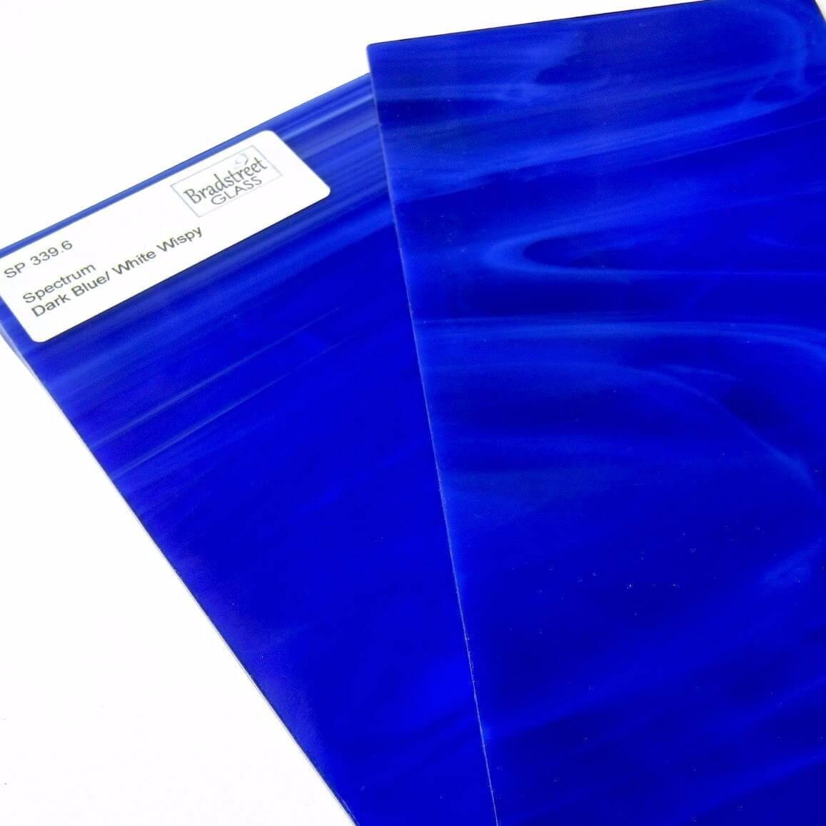 Spectrum SP 339.6 Dark Blue and White Wispy Stained Glass Sample Size Opaque Streaky Swirled