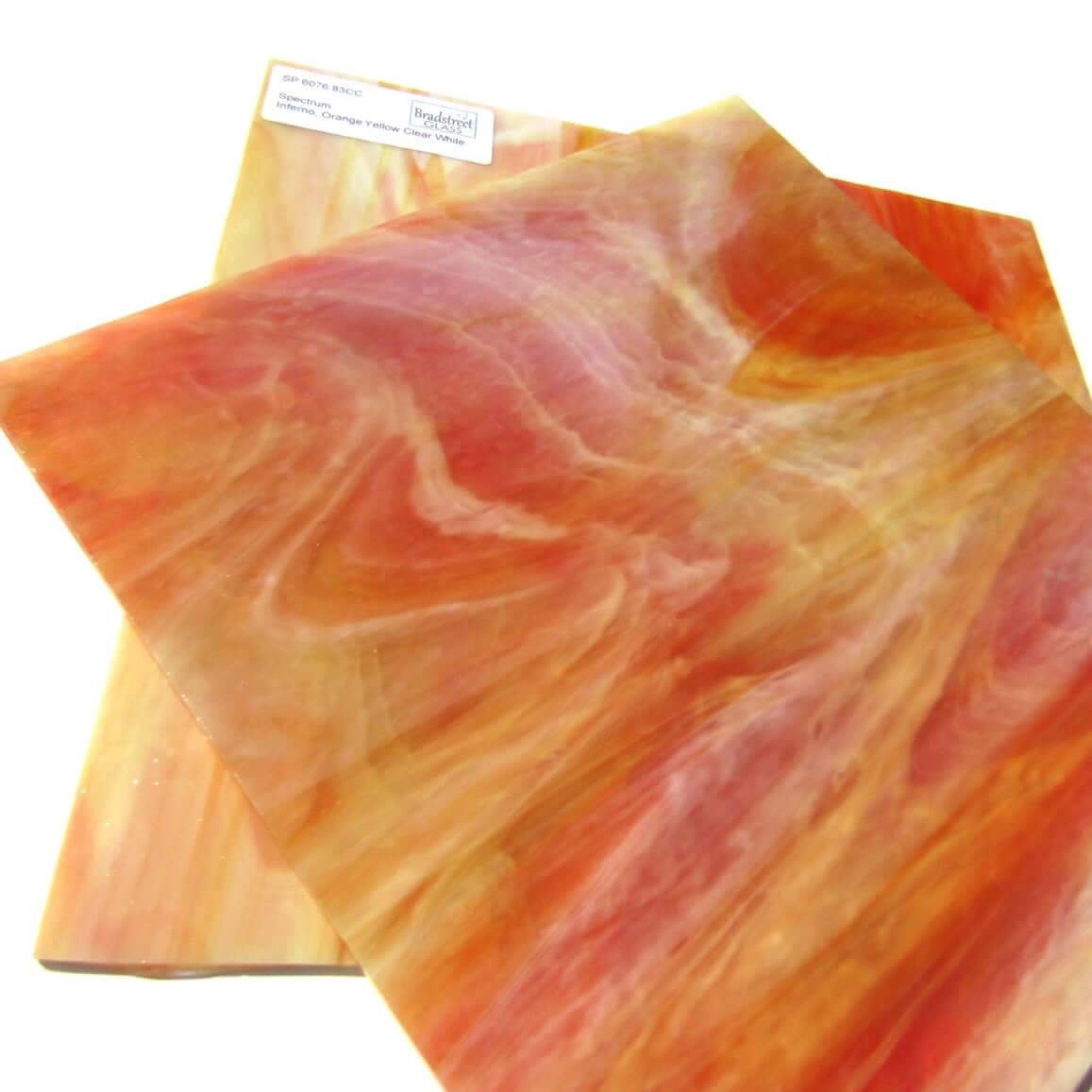 Spectrum 6076.83CC Inferno Pearl Opal Stained Glass Sheet Opaque Ripple Textured Orange Yellow Clear White Pearl