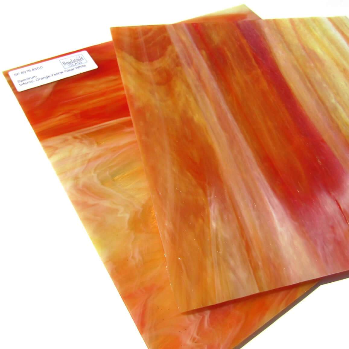 Spectrum 6076.83CC Inferno Pearl Opal Stained Glass Sheet Opaque Ripple Textured Orange Yellow Clear White Pearl