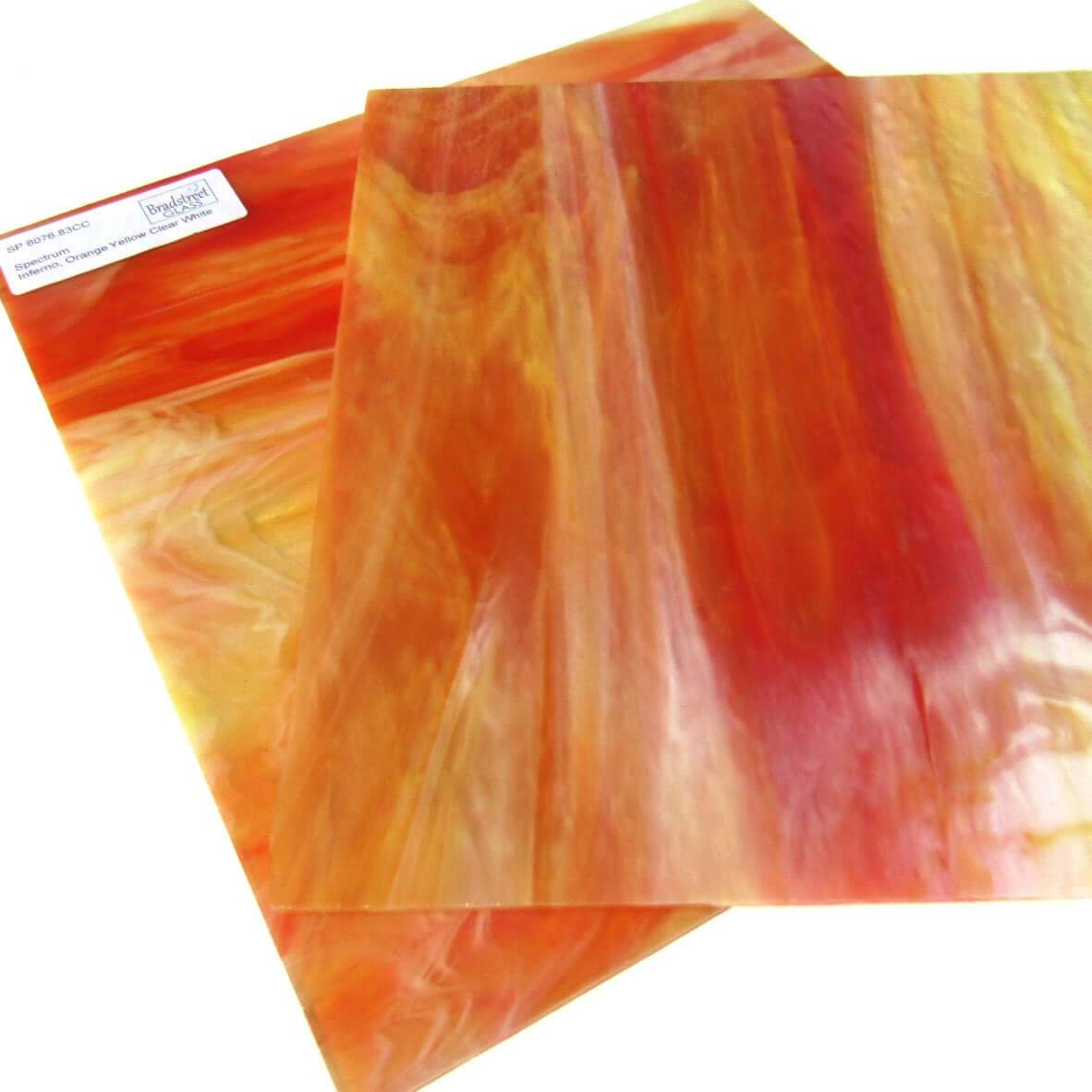 Spectrum 6076.83CC Inferno Pearl Opal Stained Glass Sheet Opaque Ripple Textured Orange Yellow Clear White Pearl