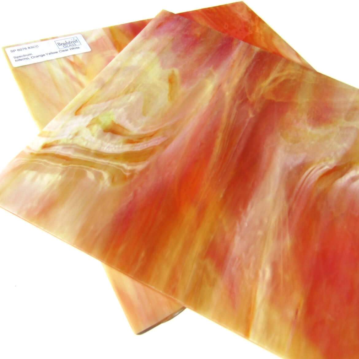 Spectrum 6076.83CC Inferno Pearl Opal Stained Glass Sheet Opaque Ripple Textured Orange Yellow Clear White Pearl