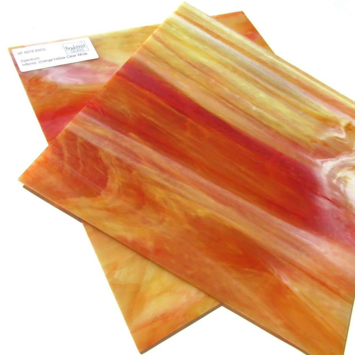 Spectrum 6076.83CC Inferno Pearl Opal Stained Glass Sheet Opaque Ripple Textured Orange Yellow Clear White Pearl