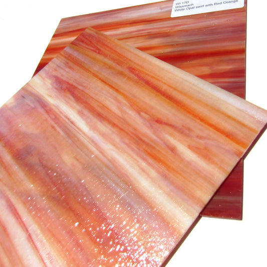 Wissmach WI 17D Stained Glass Sheet Dense Opaque Streaky White Opal Swirled with Red Orange