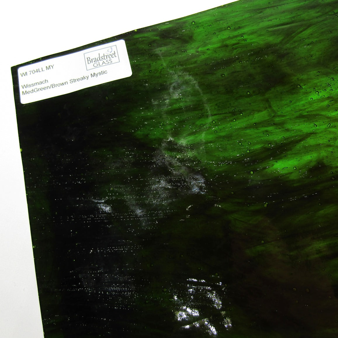 Medium Green and Brown Streaky Mystic Stained Glass Sheet Wissmach 704LLMY