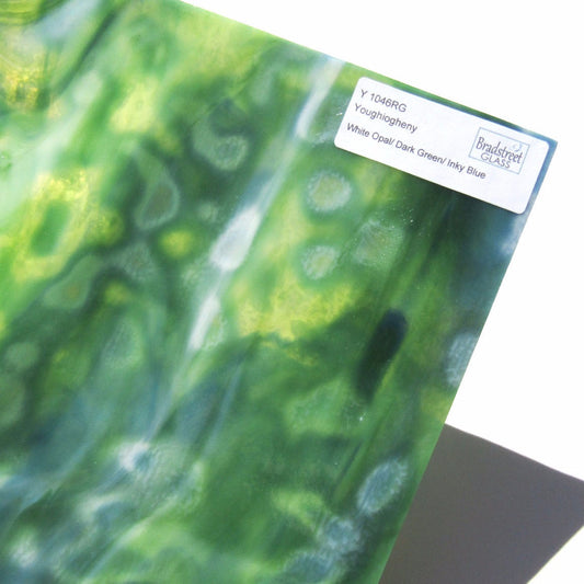 Youghiogheny Y1046RG Stained Glass Sheet White Opal Dark Green Inky Blue Reproduction Glass