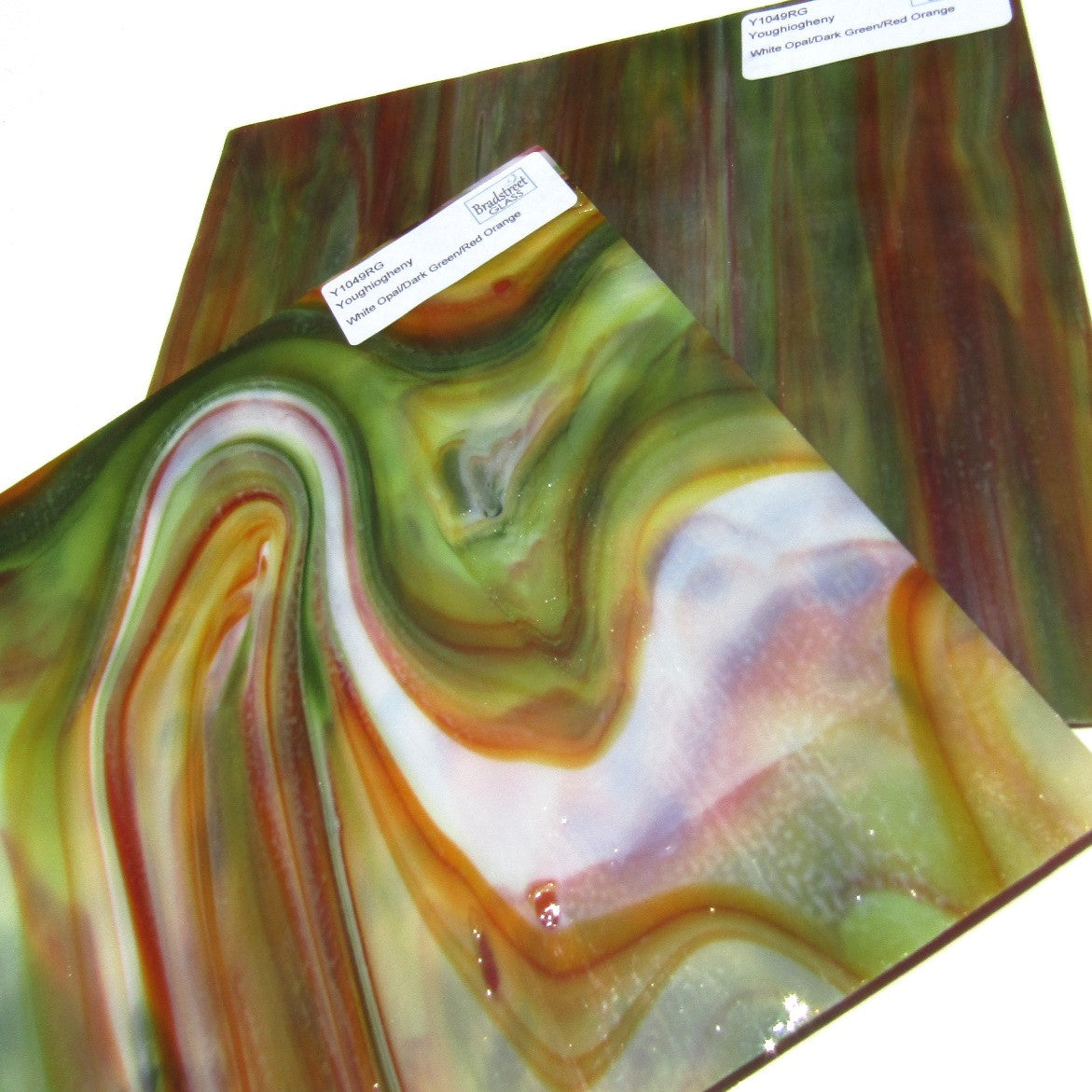 Youghiogheny Y1049RG Stained Glass Sheet White Opal Dark Green Red Orange Reproduction Glass 