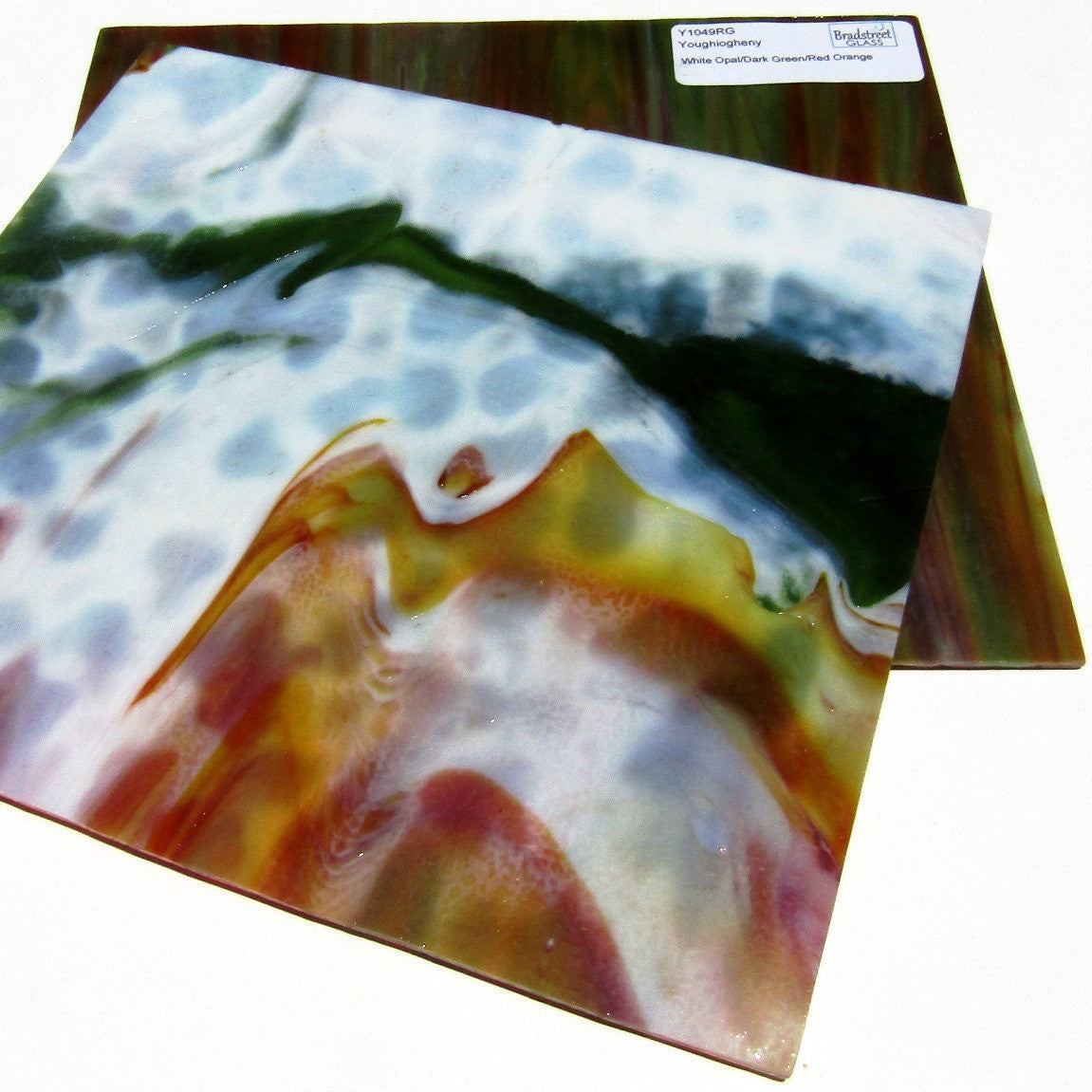 Youghiogheny Y1049RG Stained Glass Sheet White Opal Dark Green Red Orange Reproduction Glass 